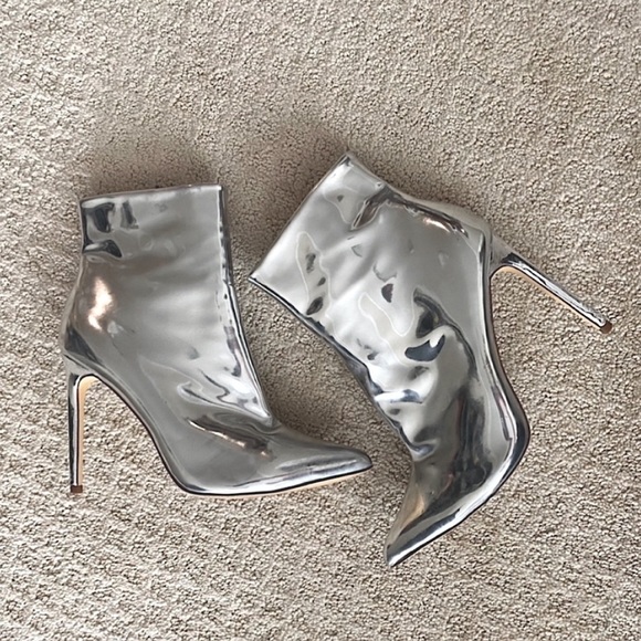 Shoes - Metallic Silver heels ankle booties pointed toe